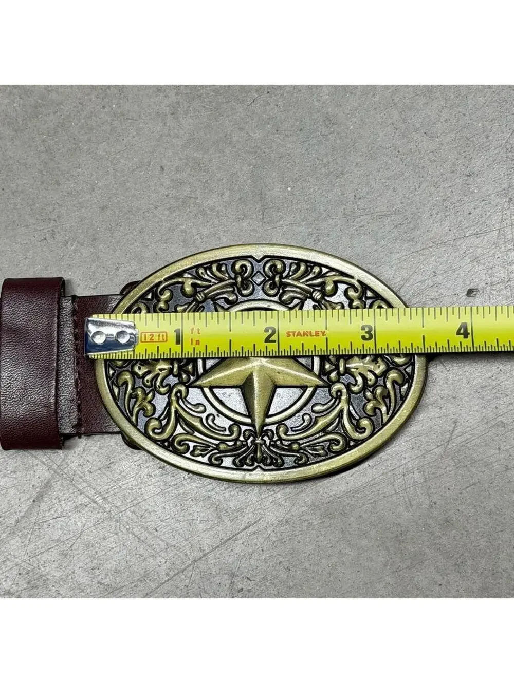 Vintage Y2K Brown Leather Belt with Tribal Fleur De Lis Star Gold Big Buckle